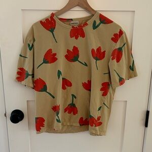 Bobo Choses Tan Tee with Red Floral Pattern